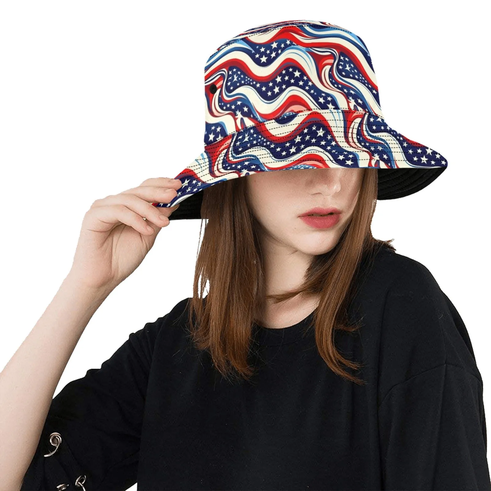 American Flag Bucket Hat, Red White Blue 4th of July USA Patriotic Stars Stripes Summer Festival Women Men Designer Sun Shade Twill