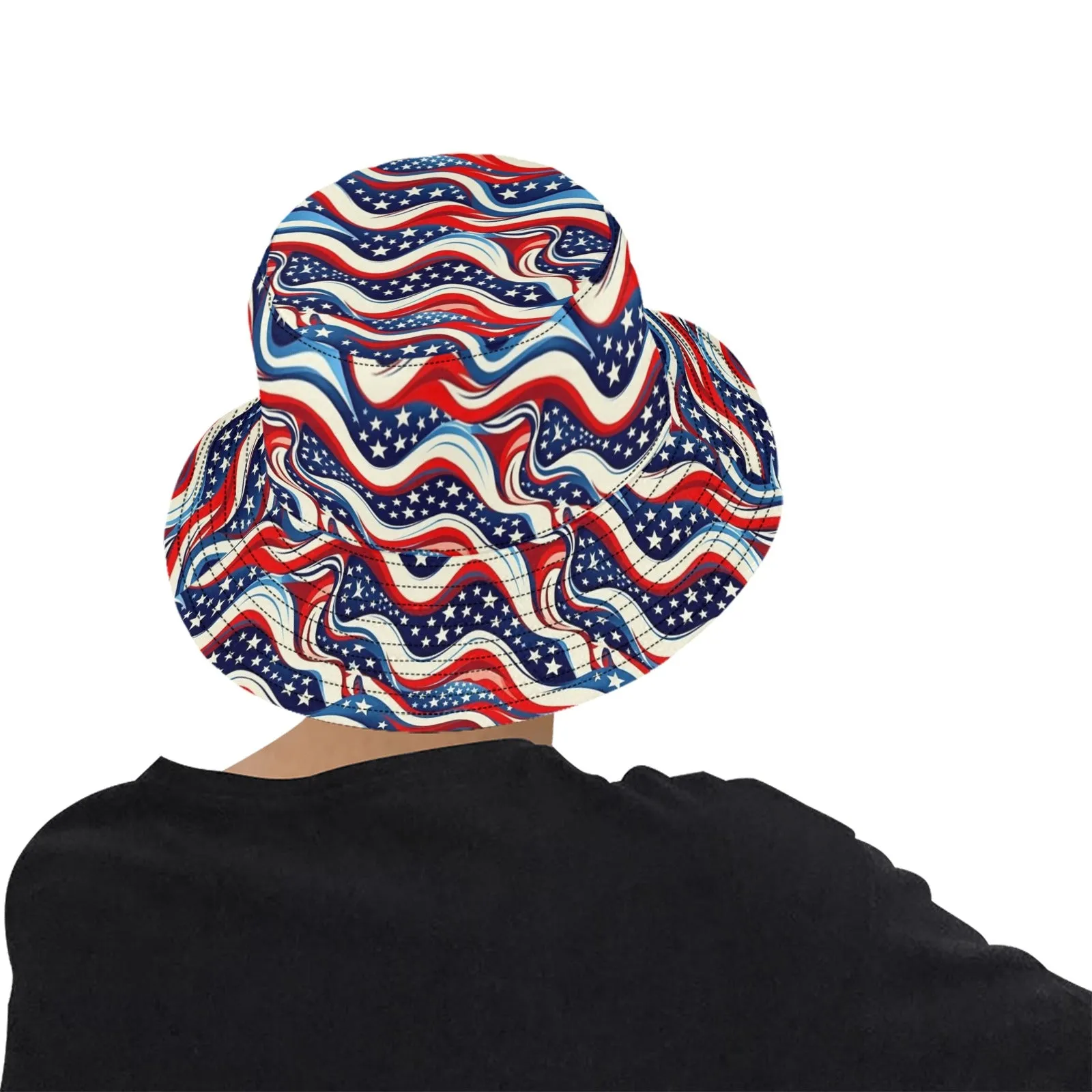 American Flag Bucket Hat, Red White Blue 4th of July USA Patriotic Stars Stripes Summer Festival Women Men Designer Sun Shade Twill