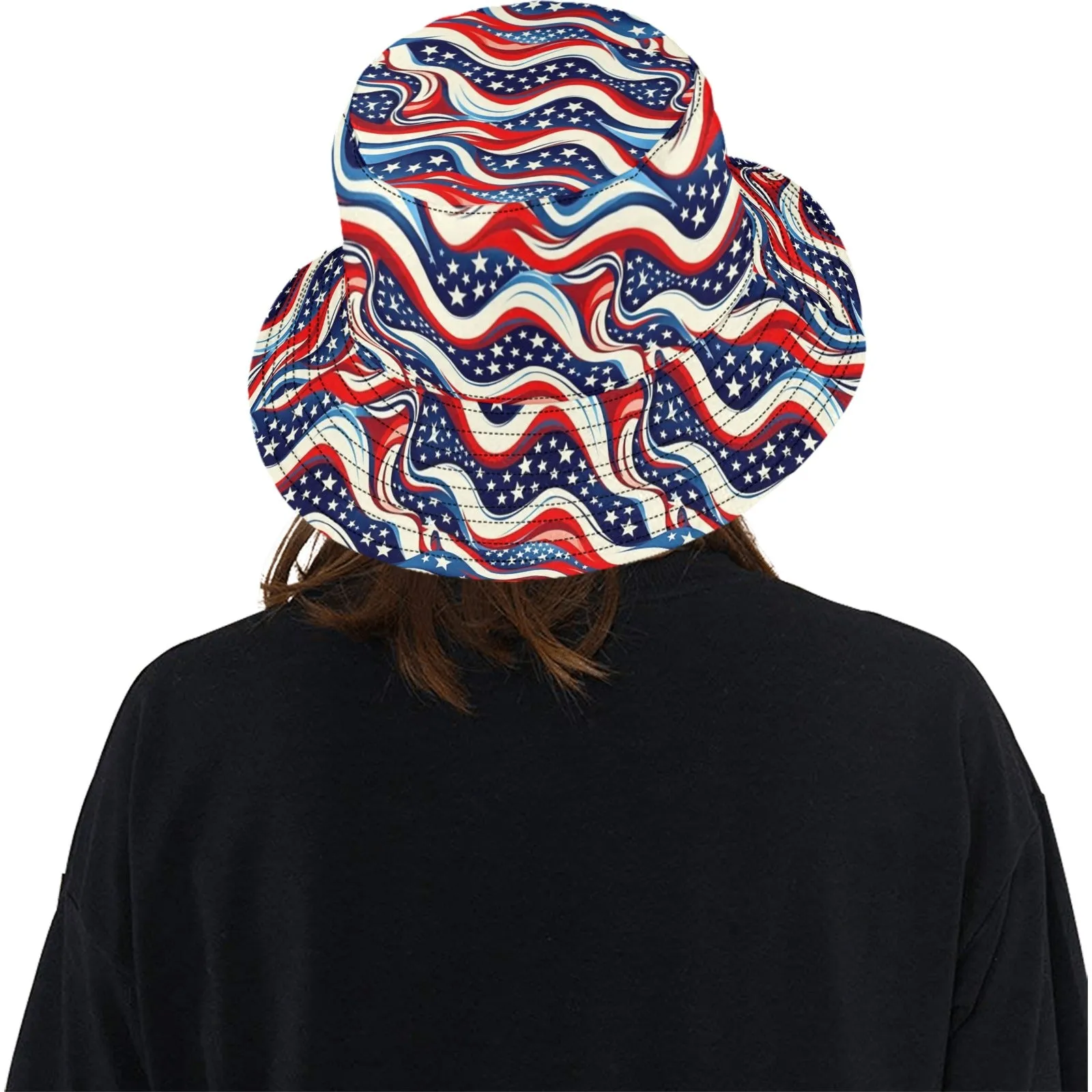 American Flag Bucket Hat, Red White Blue 4th of July USA Patriotic Stars Stripes Summer Festival Women Men Designer Sun Shade Twill