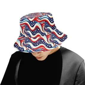 American Flag Bucket Hat, Red White Blue 4th of July USA Patriotic Stars Stripes Summer Festival Women Men Designer Sun Shade Twill