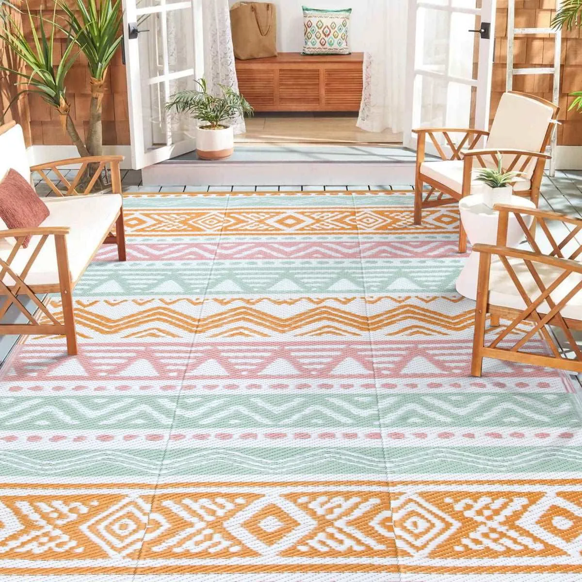 Amoret Waterproof Reversible Colorful Pink/Orange Outdoor Rug