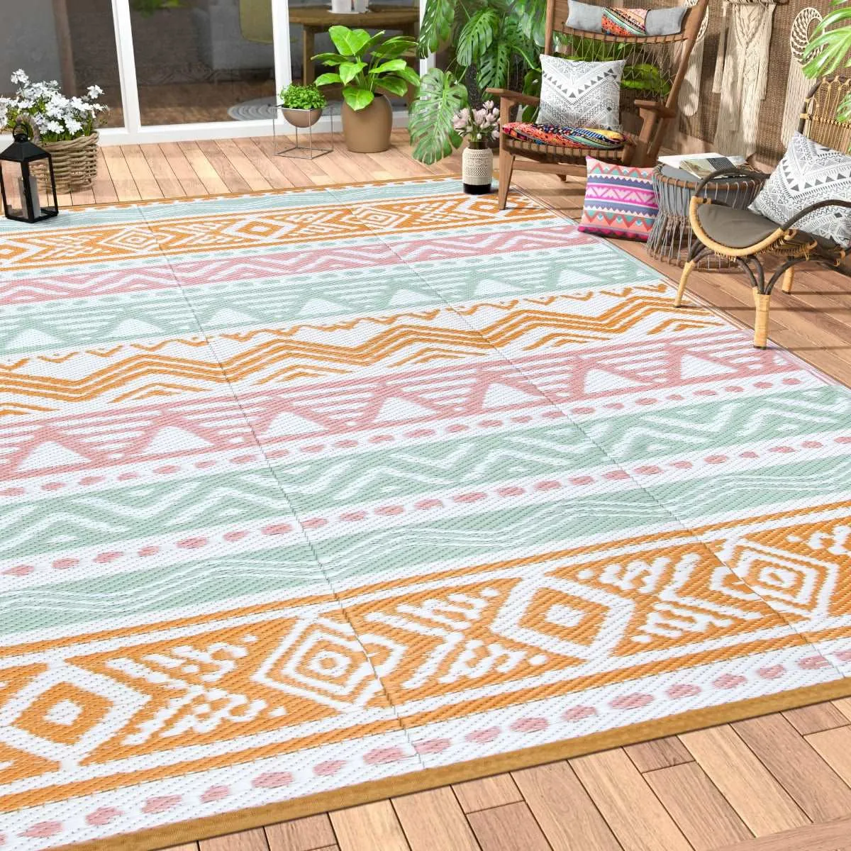 Amoret Waterproof Reversible Colorful Pink/Orange Outdoor Rug