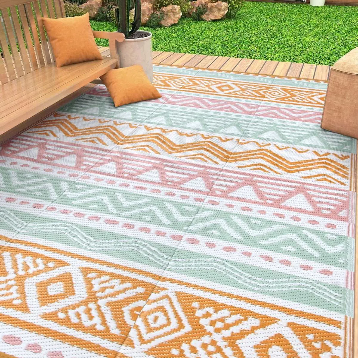 Amoret Waterproof Reversible Colorful Pink/Orange Outdoor Rug