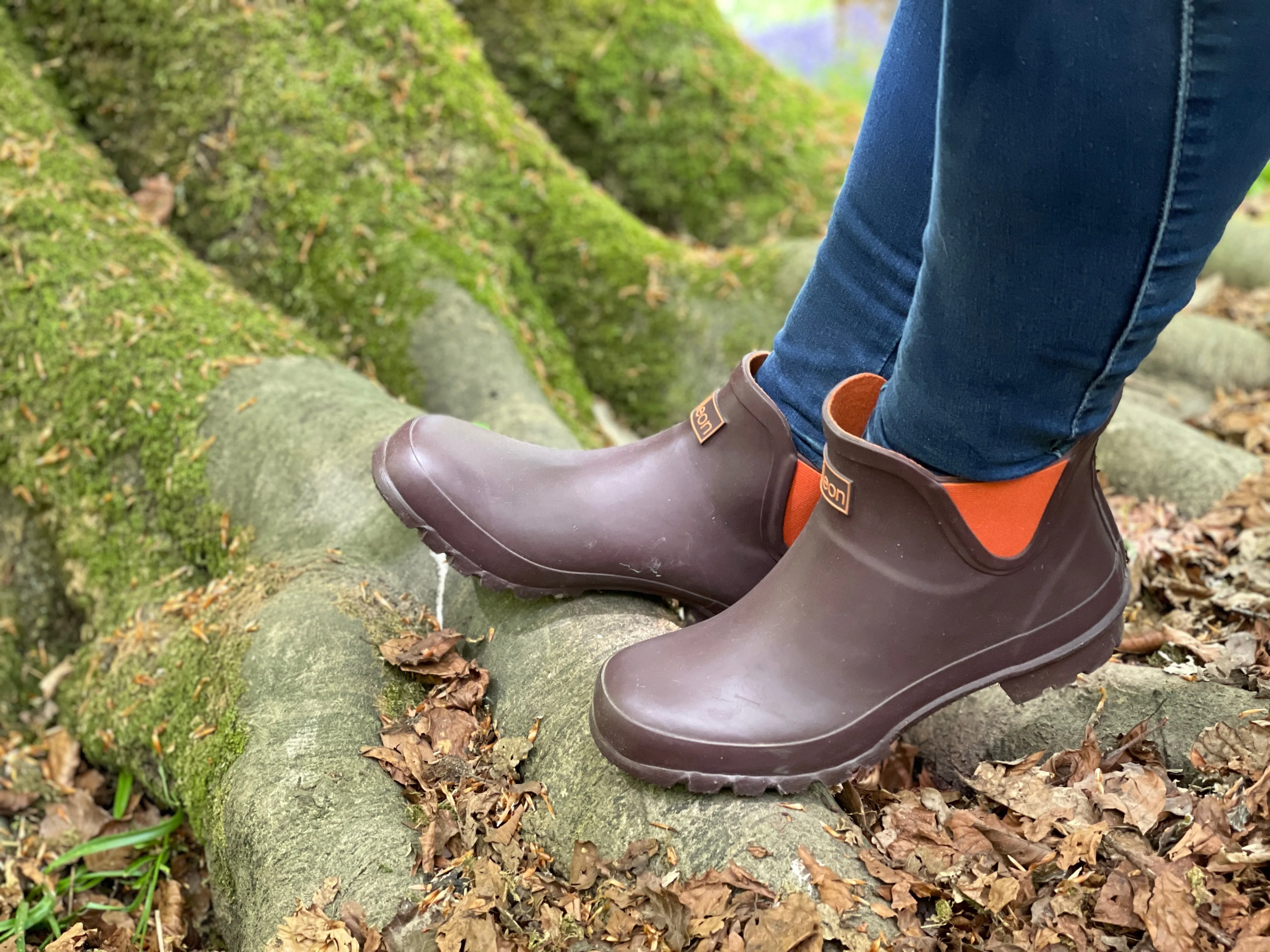 Ankle Height Rain Boots - Chocolate with Orange Trim - Wide Foot - Easy to Slip On