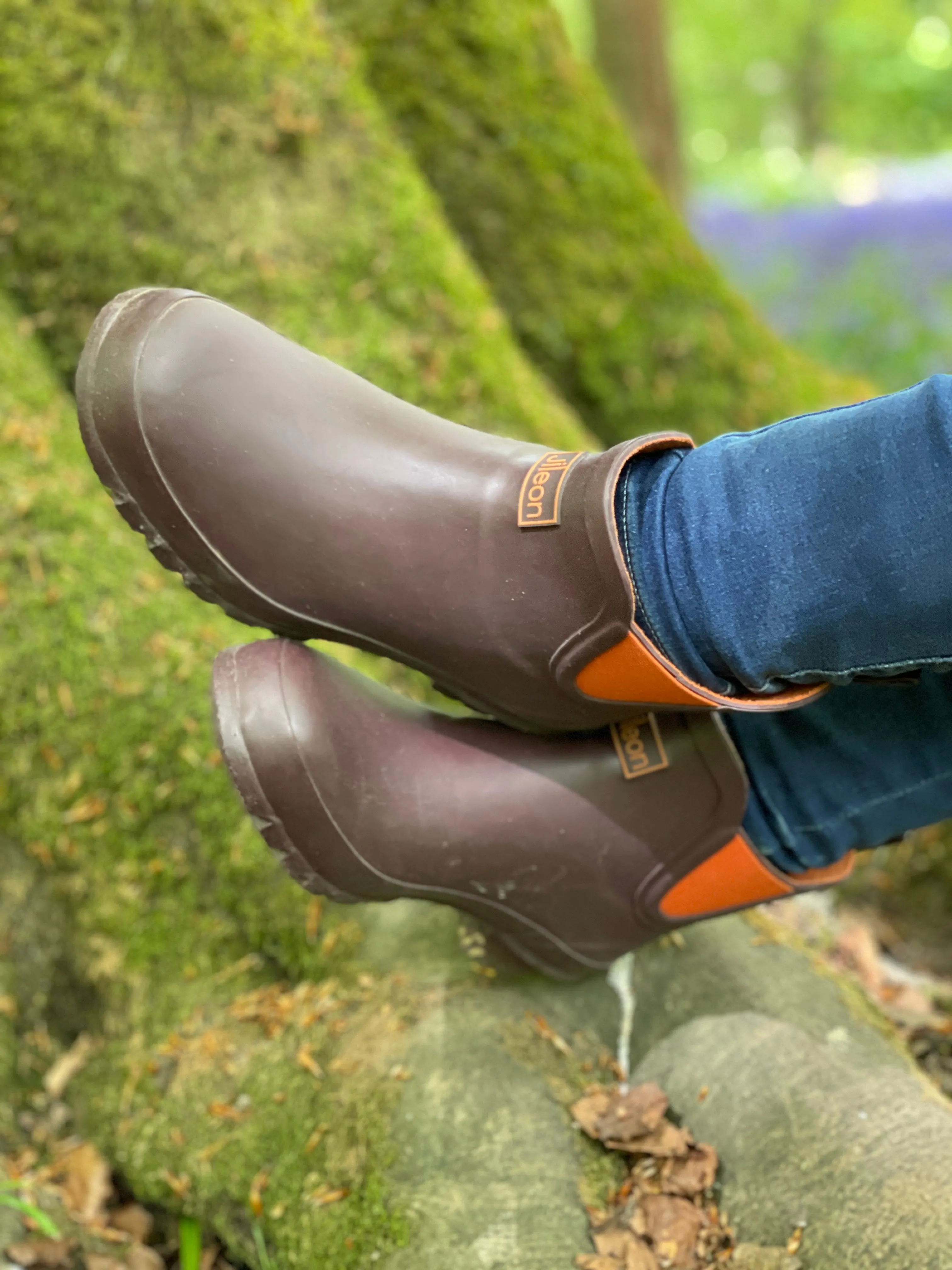 Ankle Height Rain Boots - Chocolate with Orange Trim - Wide Foot - Easy to Slip On