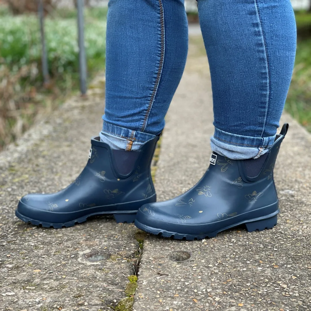 Ankle Height Rain Boots - Navy with Bumble Bees - Wide Foot - Easy to Slip On