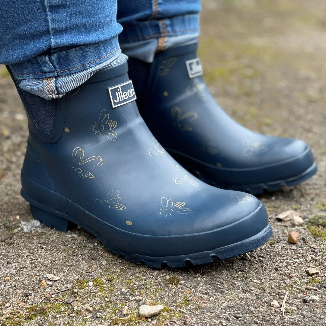 Ankle Height Rain Boots - Navy with Bumble Bees - Wide Foot - Easy to Slip On