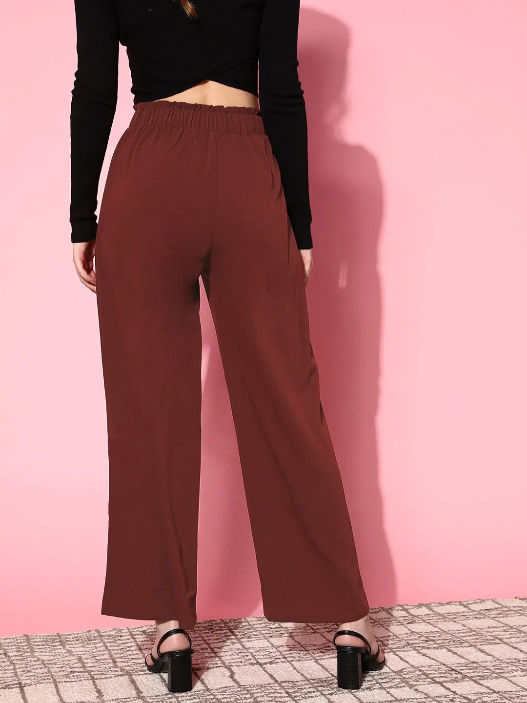 Berrylush Women Solid Maroon Elastic Waist High-Rise Wide Leg Flared Trousers