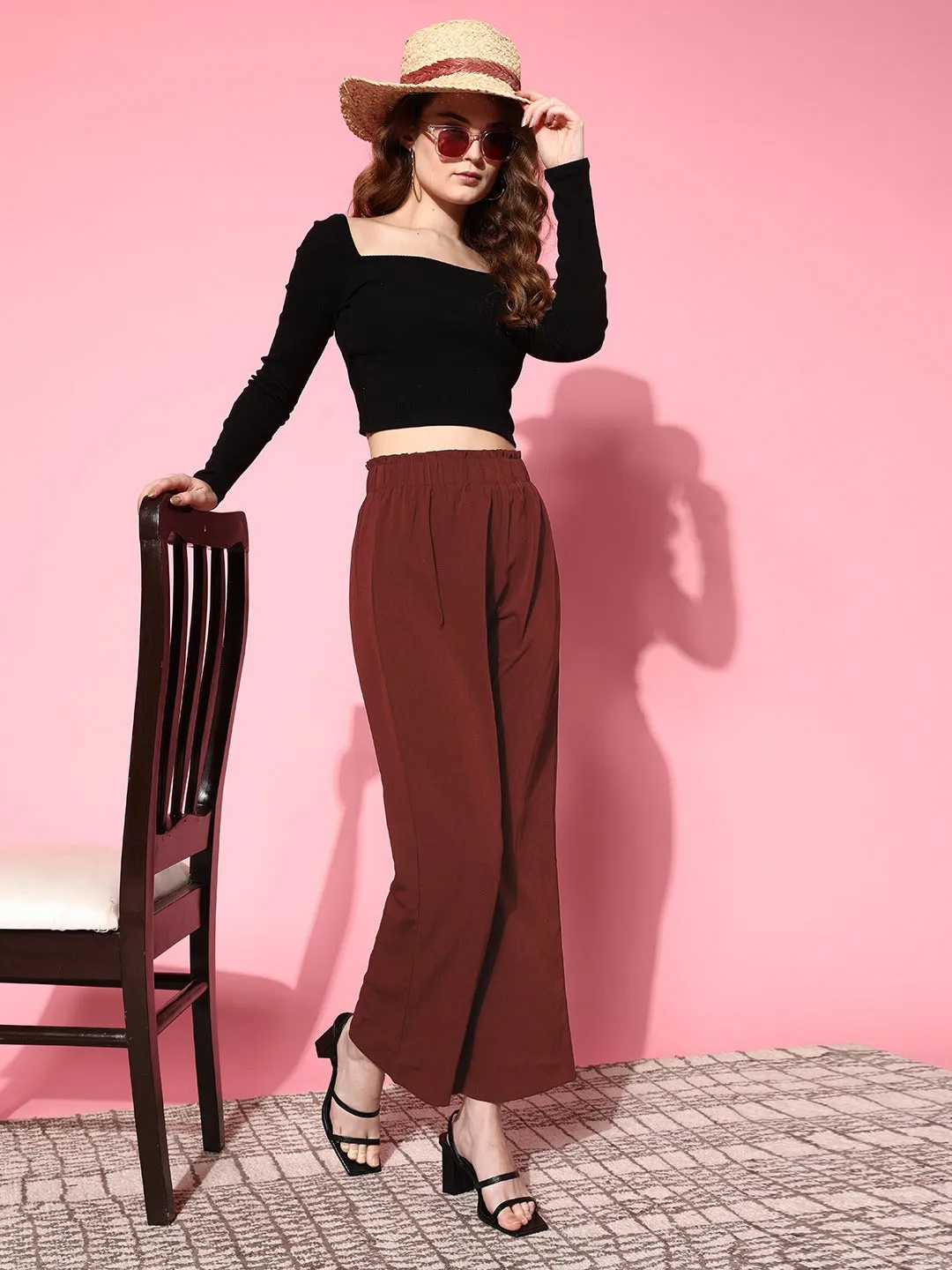 Berrylush Women Solid Maroon Elastic Waist High-Rise Wide Leg Flared Trousers