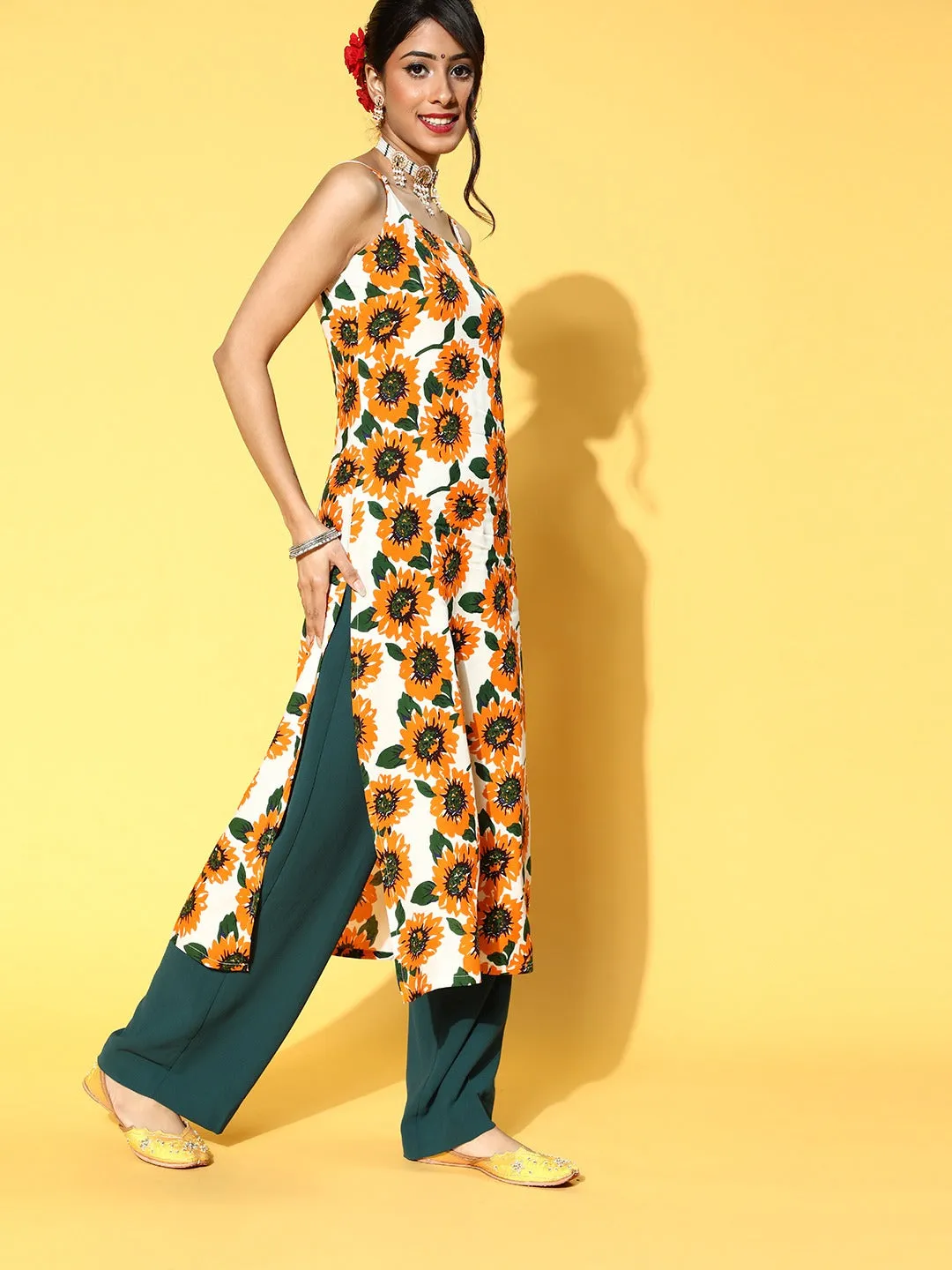 Berrylush Women White & Mustard Yellow Sunflower Printed Round Neck Side-Slit Calf Length Kurta