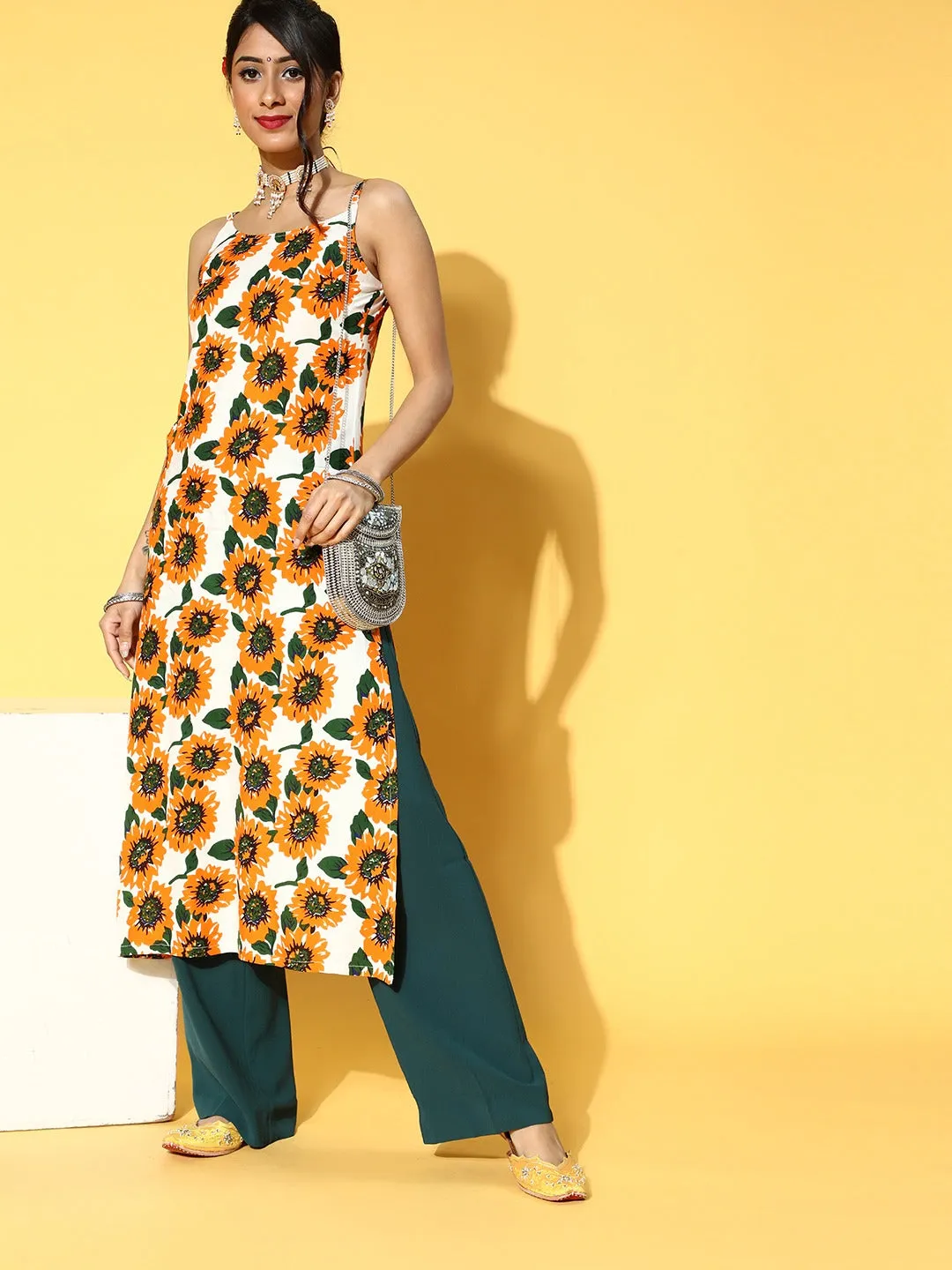 Berrylush Women White & Mustard Yellow Sunflower Printed Round Neck Side-Slit Calf Length Kurta