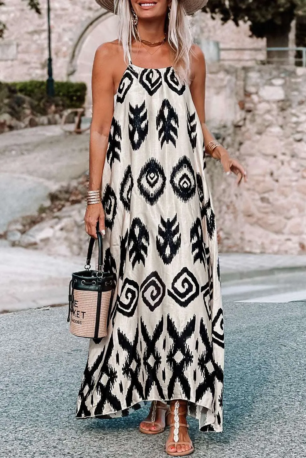 Black Geometric Printed Spaghetti Strap Vacation Sundress