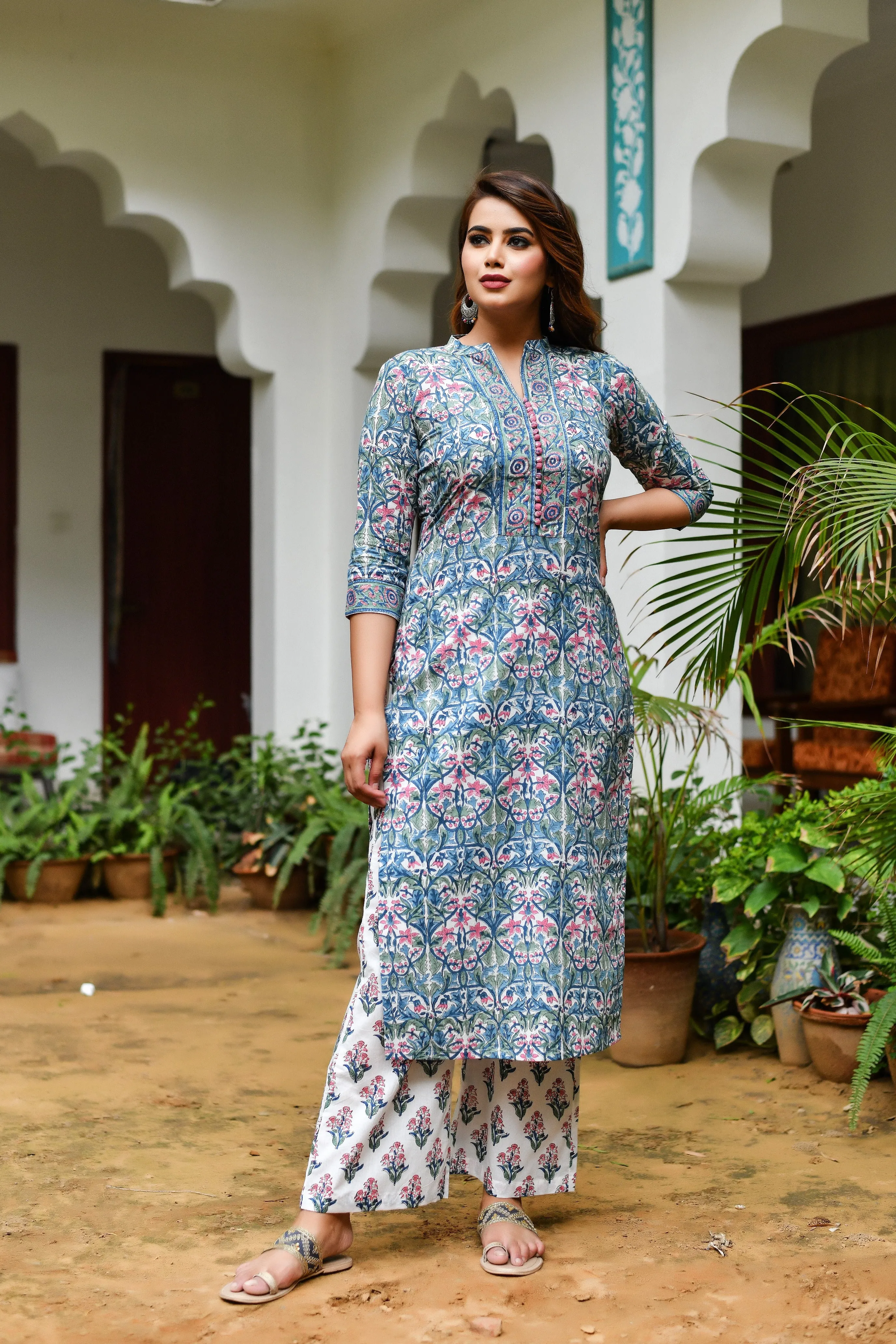 Blue Symphony Chanderi Handblock Suit Set