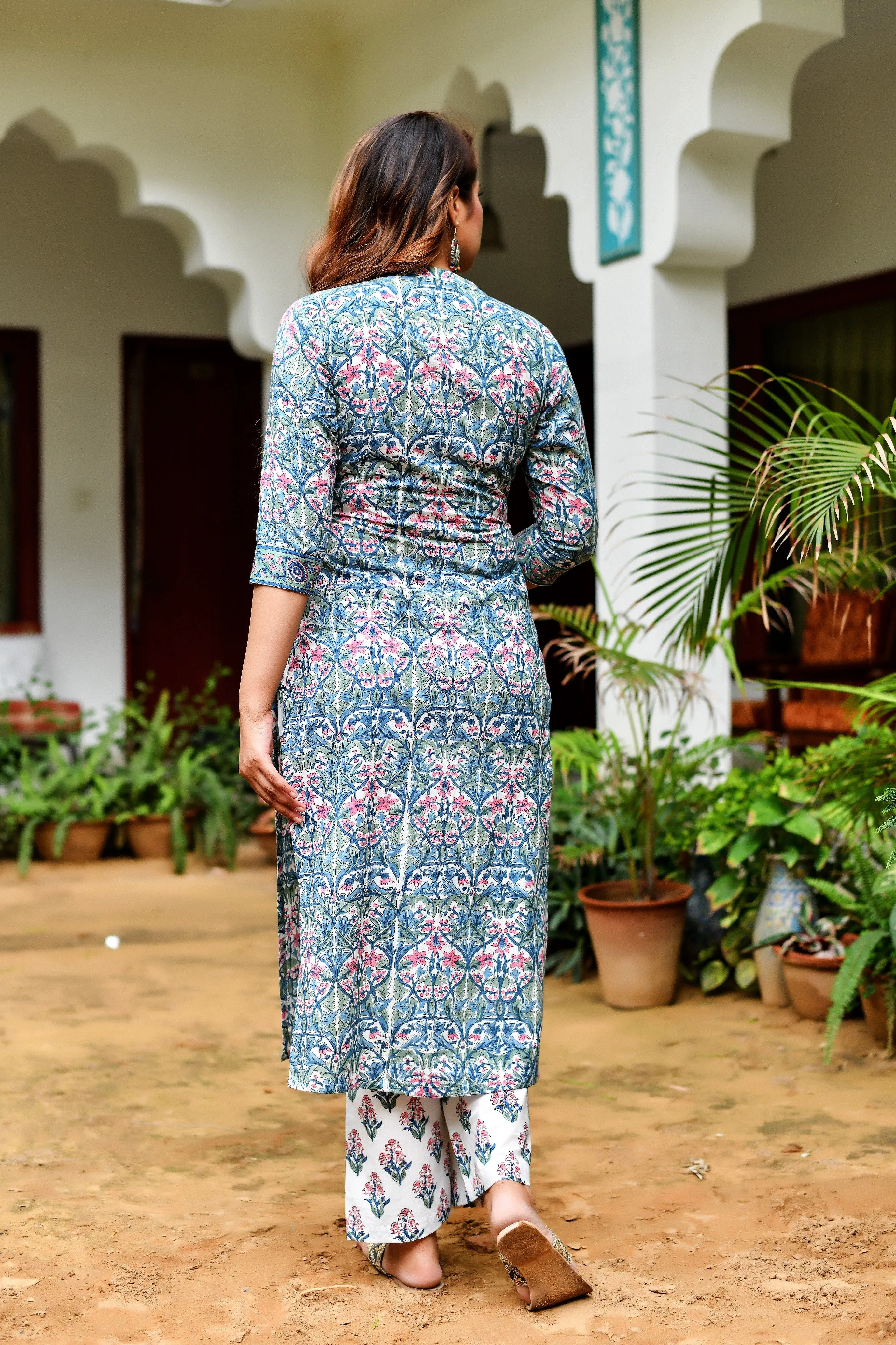 Blue Symphony Chanderi Handblock Suit Set