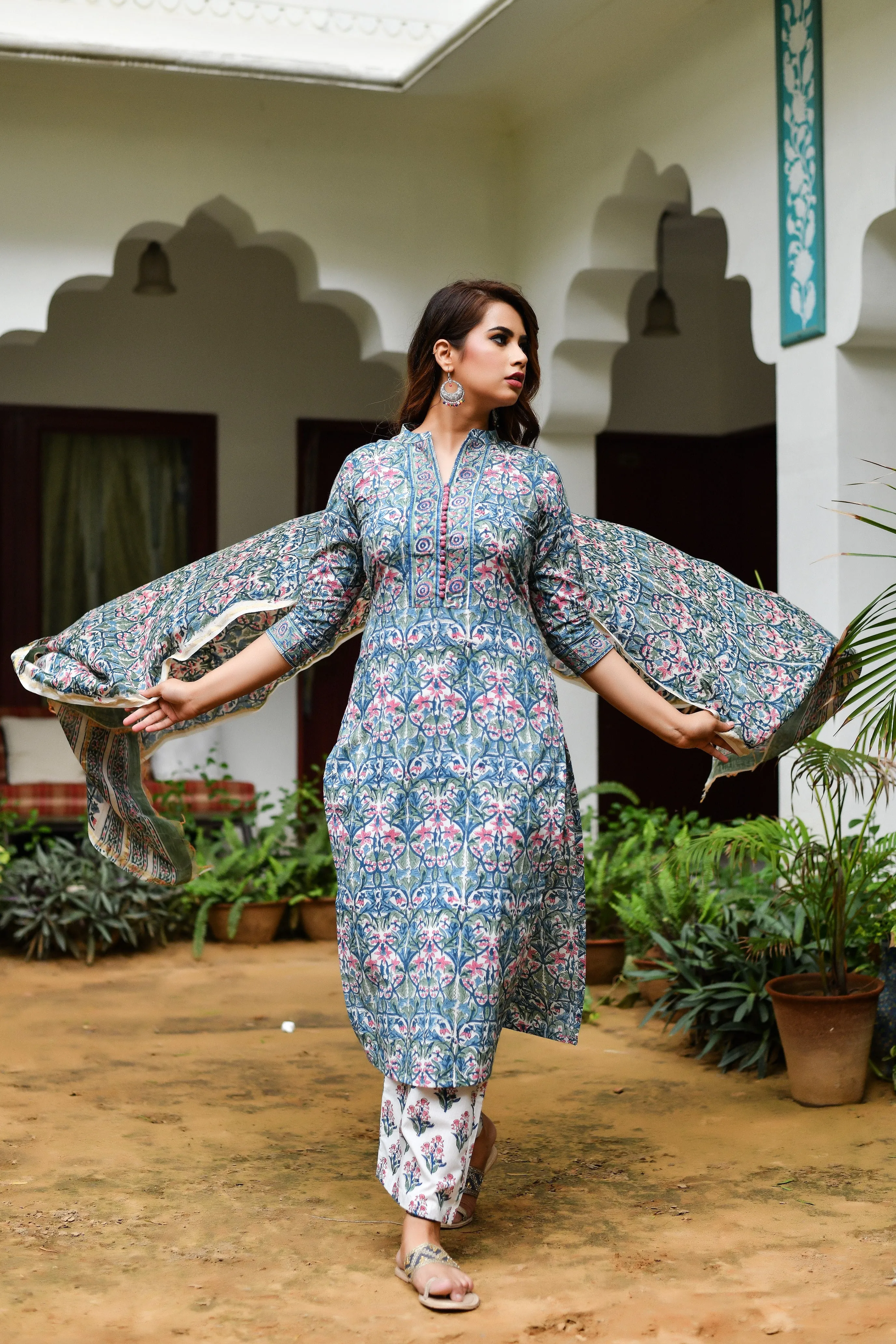 Blue Symphony Chanderi Handblock Suit Set