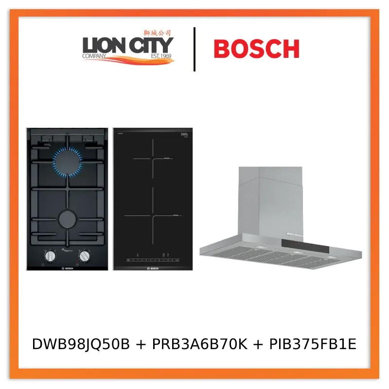 Bosch Series 6 DWB98JQ50B Wall-mounted cooker hood 90 cm   PRB3A6B70K Series 8 Domino gas hob 30 cm Ceramic, Black   PKF375CA2E Series 2 Domino Electric hob 30 cm Black, surface mount with frame