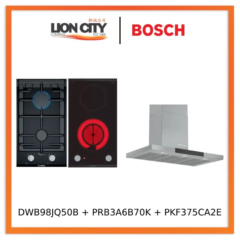 Bosch Series 6 DWB98JQ50B Wall-mounted cooker hood 90 cm   PRB3A6B70K Series 8 Domino gas hob 30 cm Ceramic, Black   PKF375CA2E Series 2 Domino Electric hob 30 cm Black, surface mount with frame