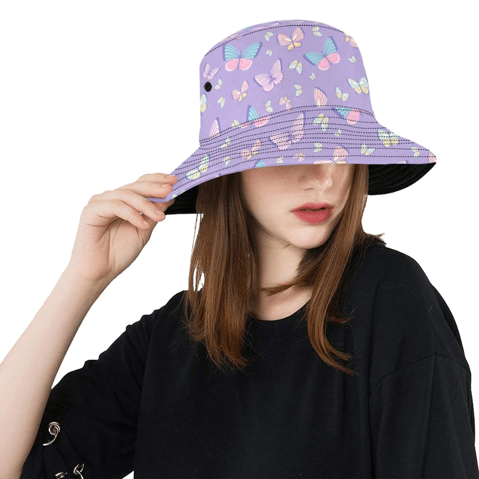 Butterfly Bucket Hat, Monarch Retro Vintage Purple Pink Animal Summer Festival Cute Women Men Designer Beach Sun Shade Y2K Cotton Twill