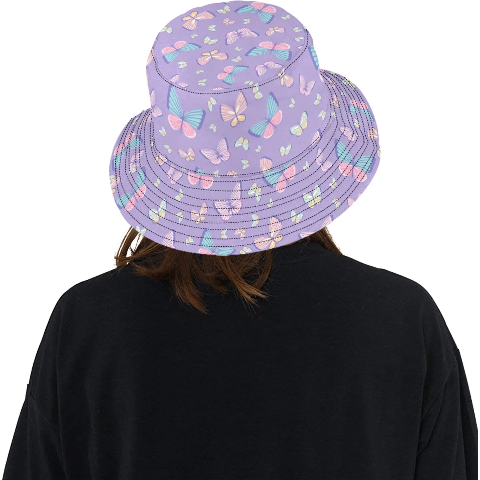 Butterfly Bucket Hat, Monarch Retro Vintage Purple Pink Animal Summer Festival Cute Women Men Designer Beach Sun Shade Y2K Cotton Twill