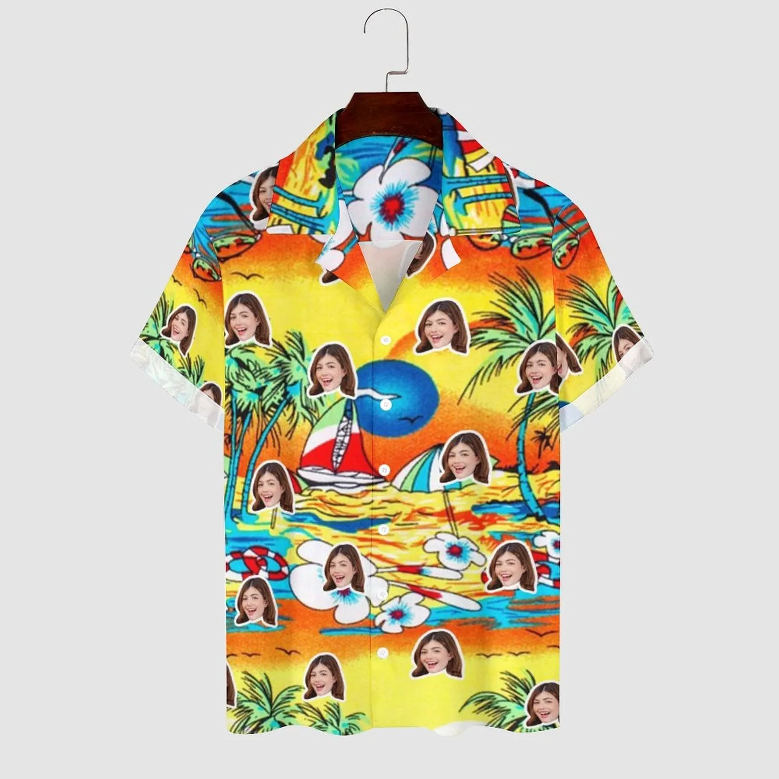 Custom Face Sunset Beach Men's Lapel Shirt Cuban Collar Hawaiian Shirt