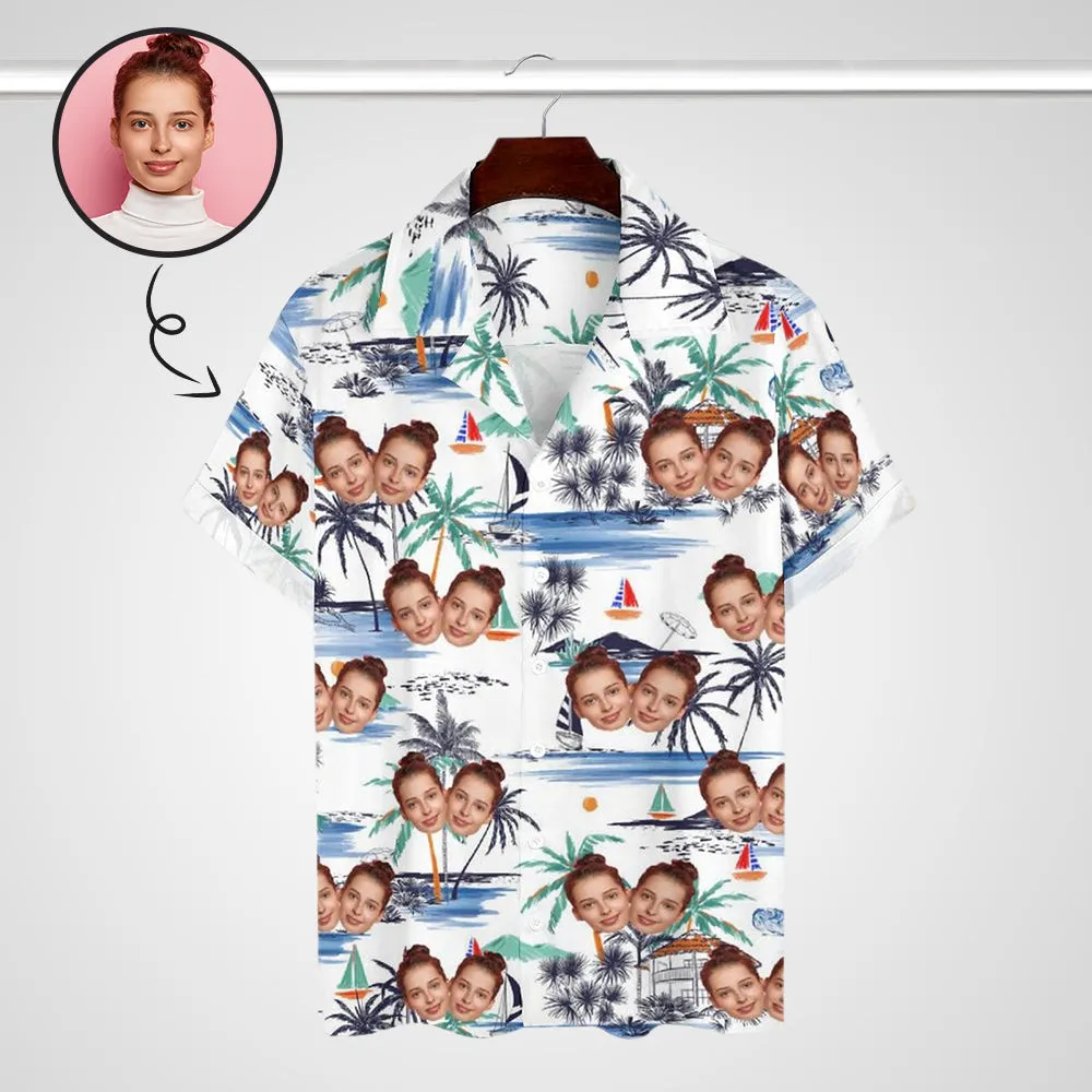 Custom Face Watercolor Beach White Men's Lapel Shirt Cuban Collar Hawaiian Shirt