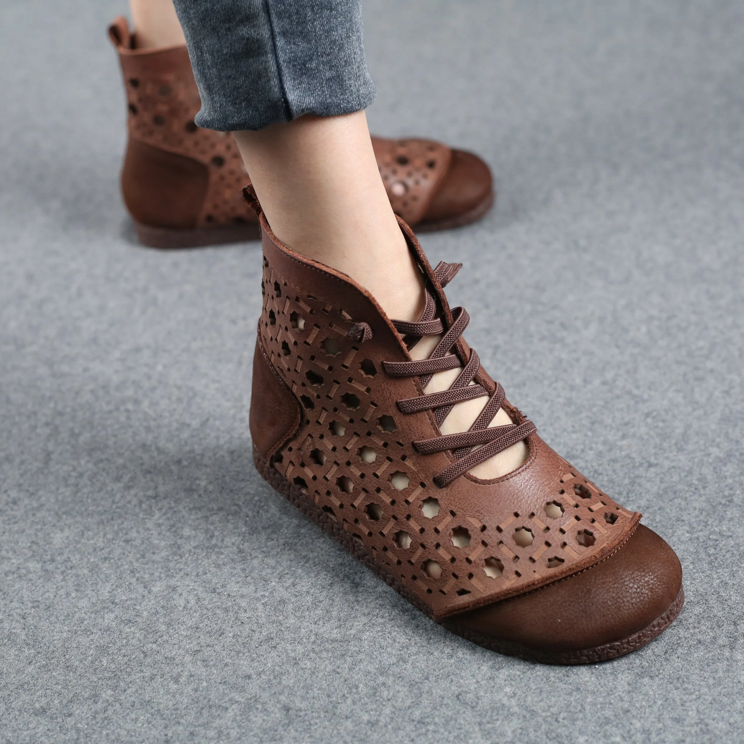 Cut Out Summer Boots Breathable Leather Hollowed Lace Up Ankle Booties Beige/Coffee