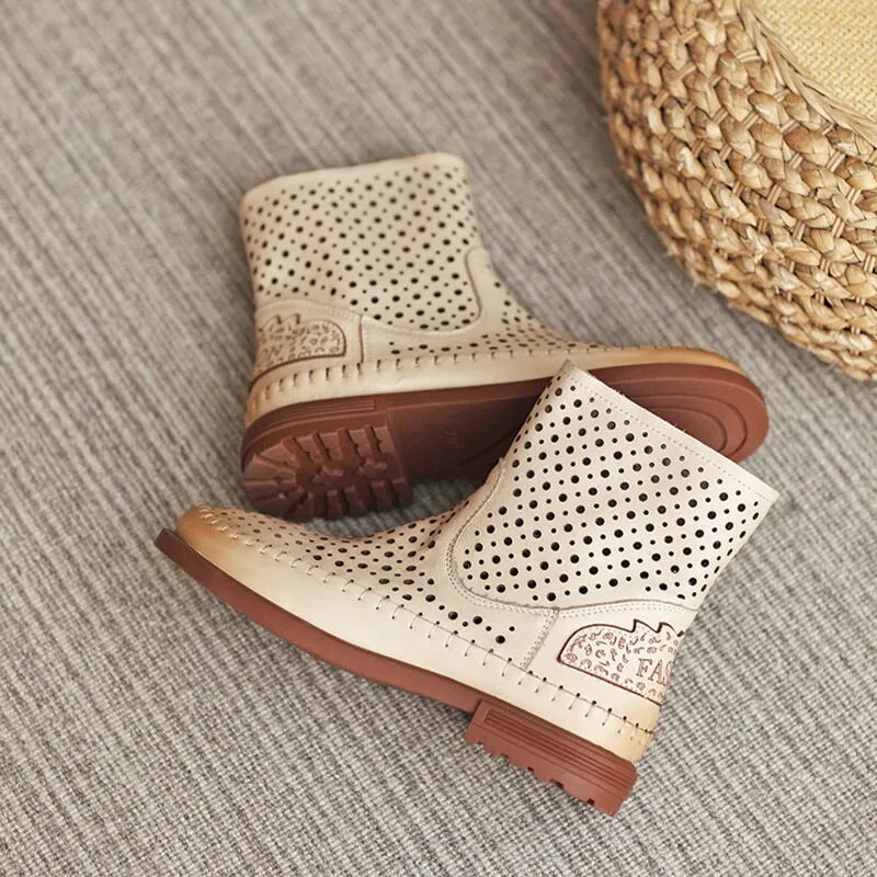 Cut Out Summer Boots Breathable Perforated Short Boots in Apricot/Coffee