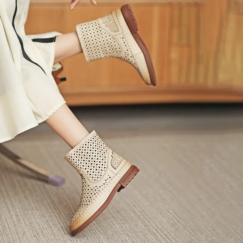 Cut Out Summer Boots Breathable Perforated Short Boots in Apricot/Coffee