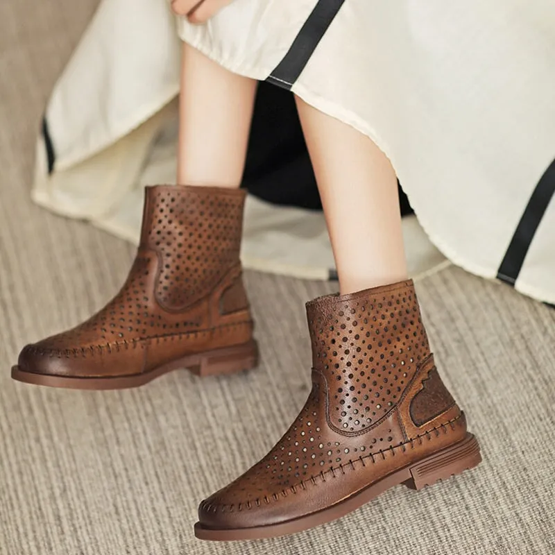 Cut Out Summer Boots Breathable Perforated Short Boots in Apricot/Coffee