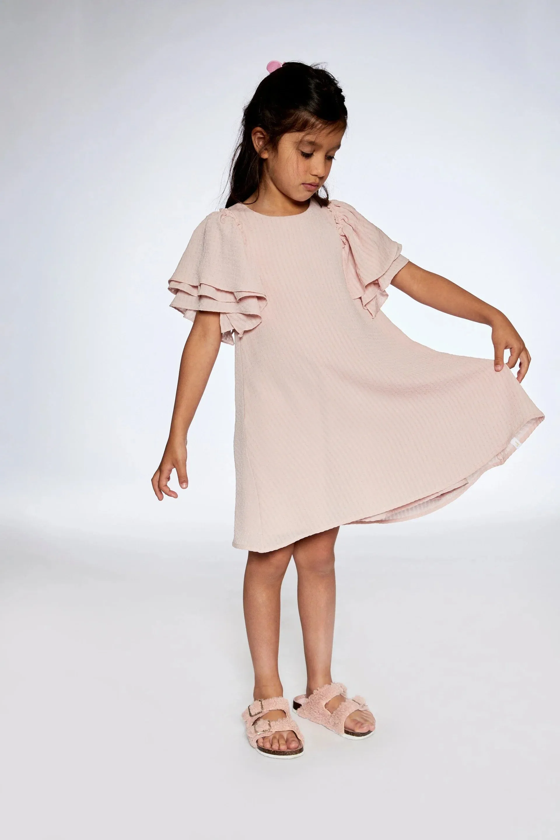 DPD Seersucker Dress with Puff Ruffle Sleeve