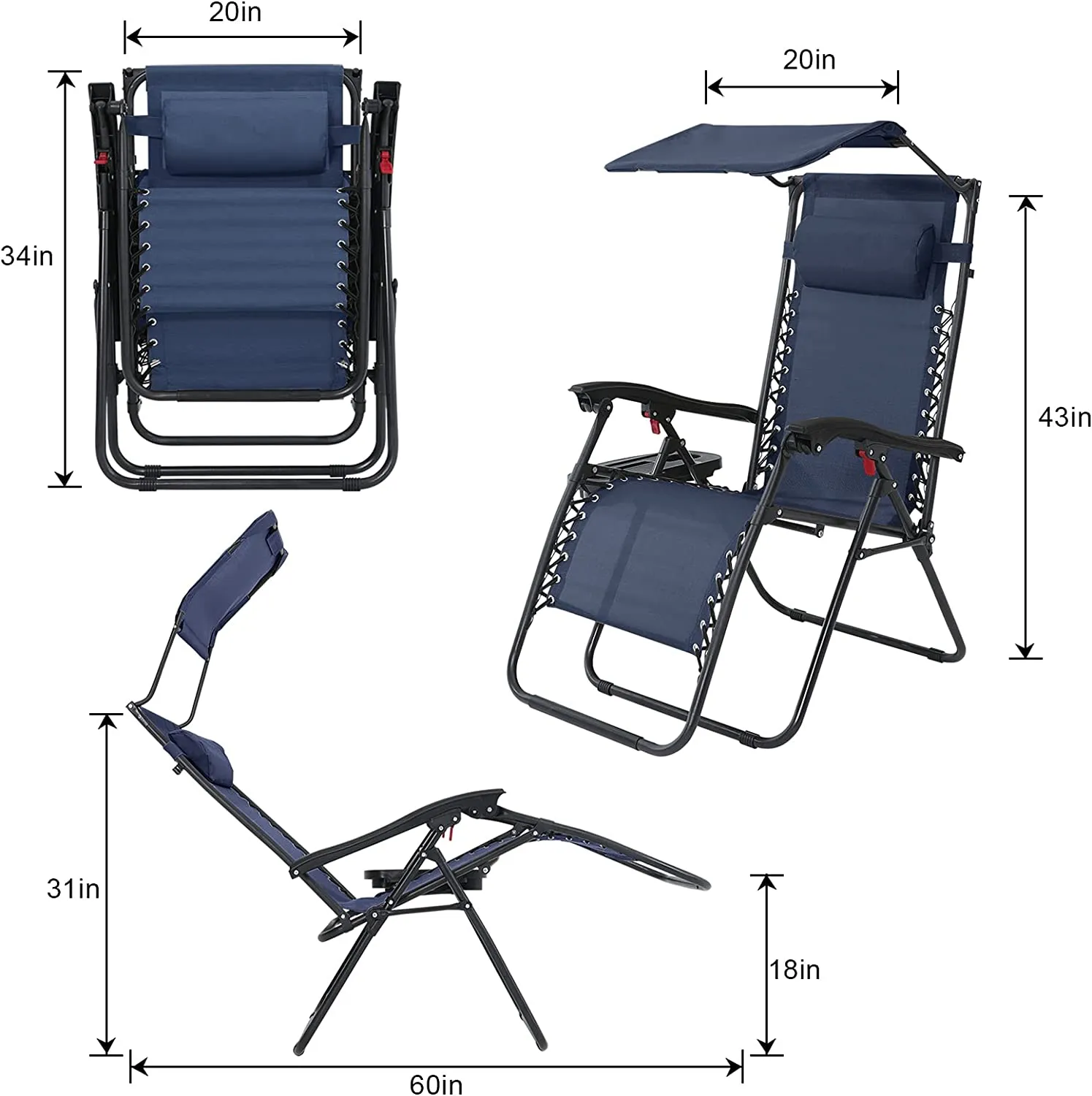 Folding Zero Gravity Outdoor Recliner Patio Lounge Chair with Adjustable Canopy Shade and Cup Holder