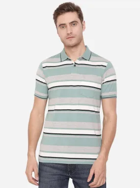 Grey & Green Striped Slim Fit Polo T-Shirt | Greenfibre