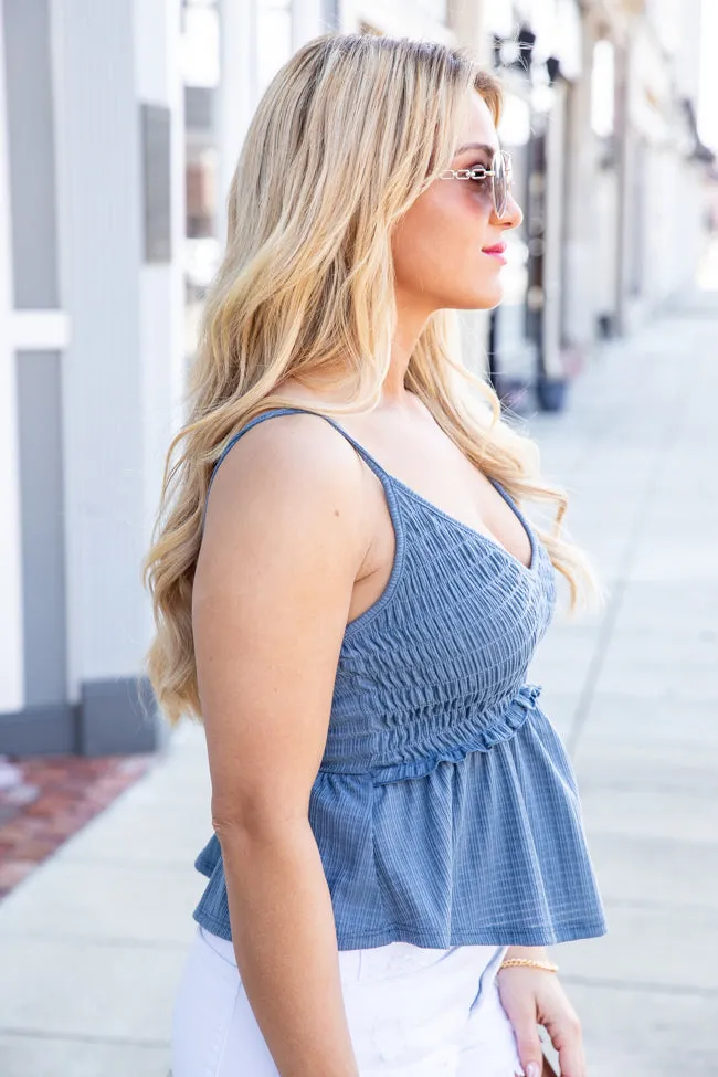 Leave It To Me Slate Blue Smocked Bust Knit Tank FINAL SALE