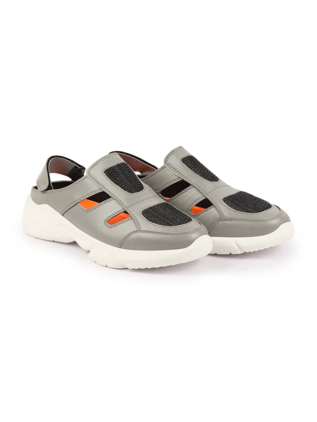 Men Grey Hook and Loop Breathable Back Strap Ultra Lightweight Sports Shoe Style Sandals