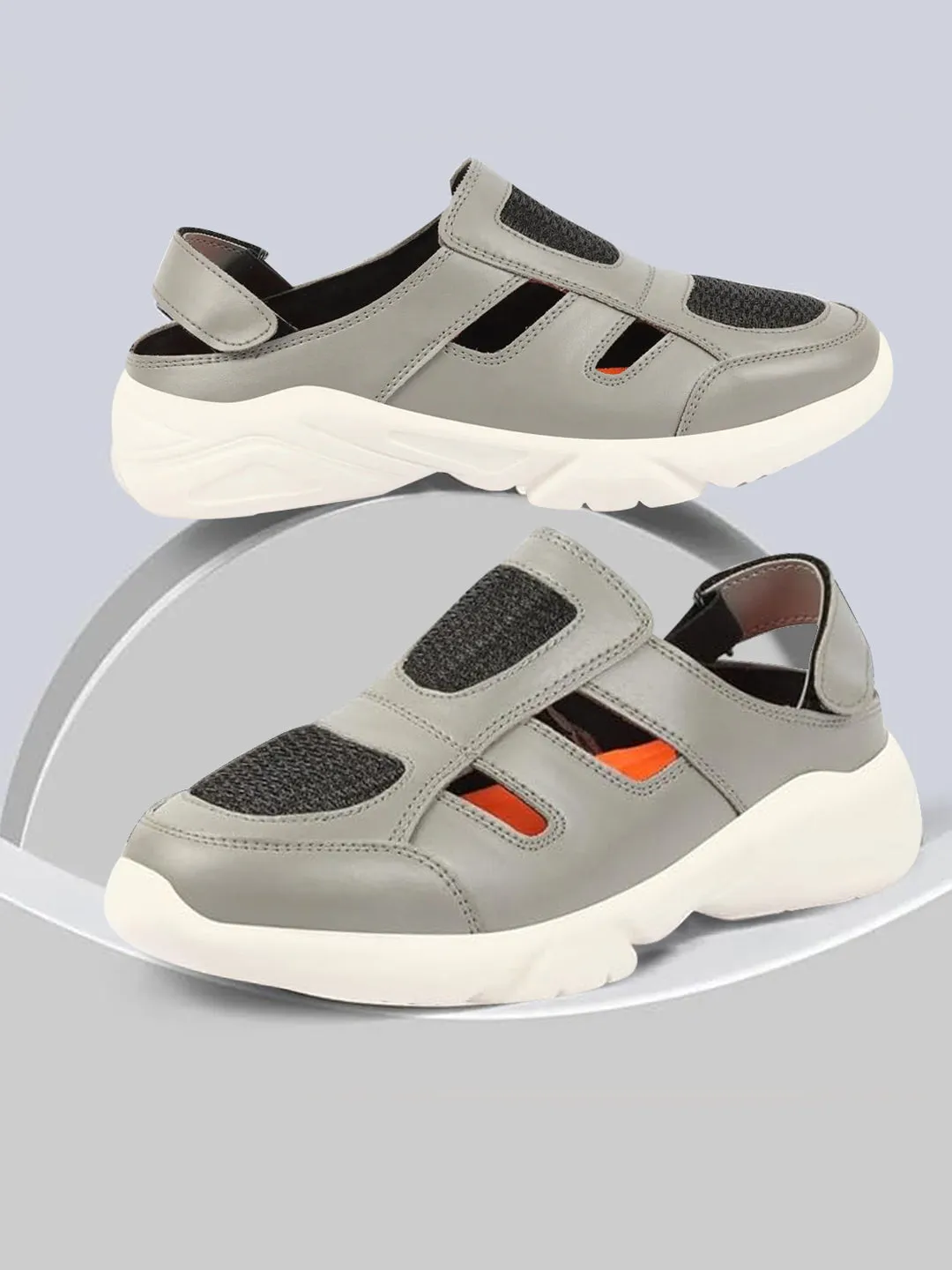 Men Grey Hook and Loop Breathable Back Strap Ultra Lightweight Sports Shoe Style Sandals