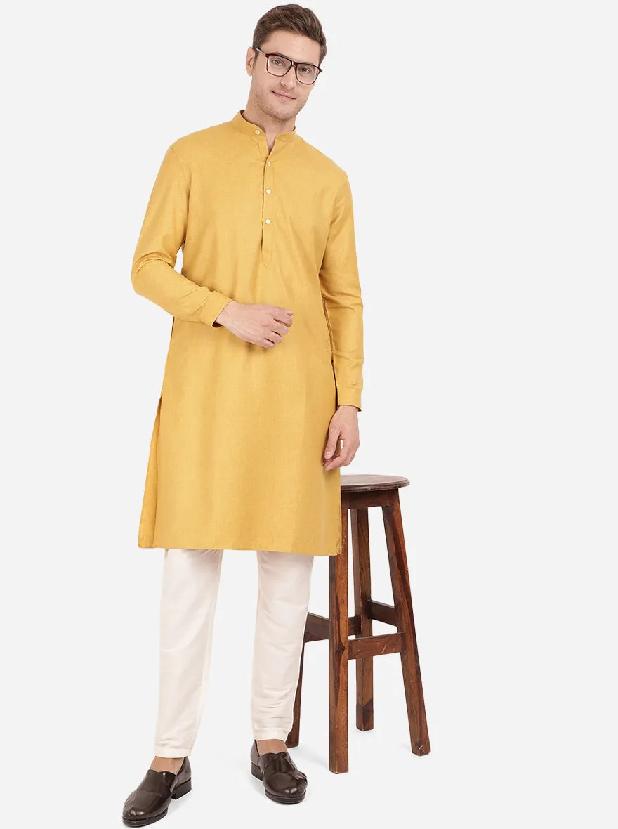 Mustard Yellow Self Textured Regular Fit Modi Kurta | JadeBlue