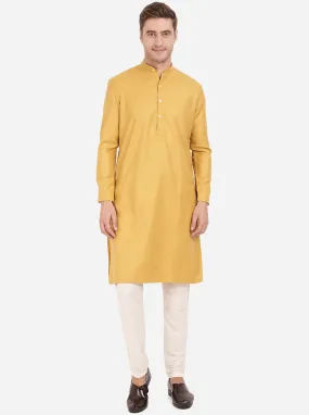 Mustard Yellow Self Textured Regular Fit Modi Kurta | JadeBlue