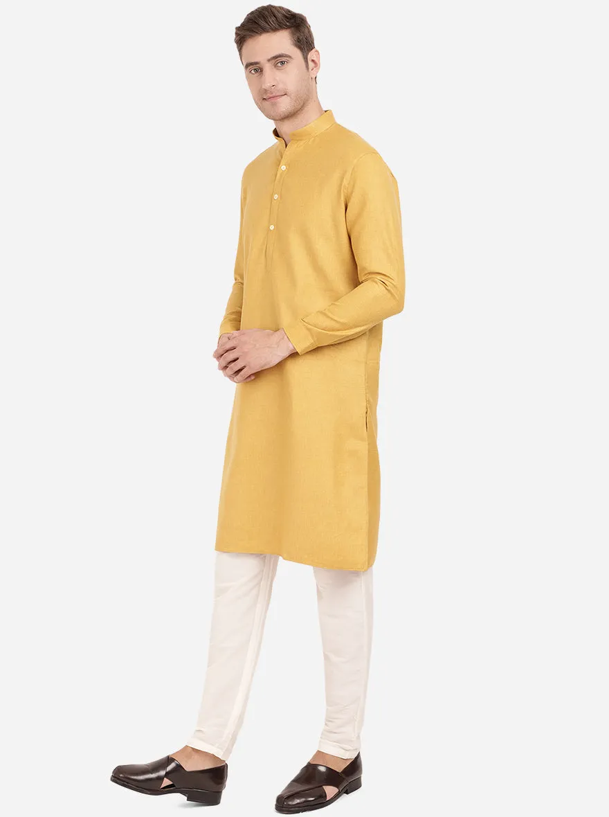 Mustard Yellow Self Textured Regular Fit Modi Kurta | JadeBlue