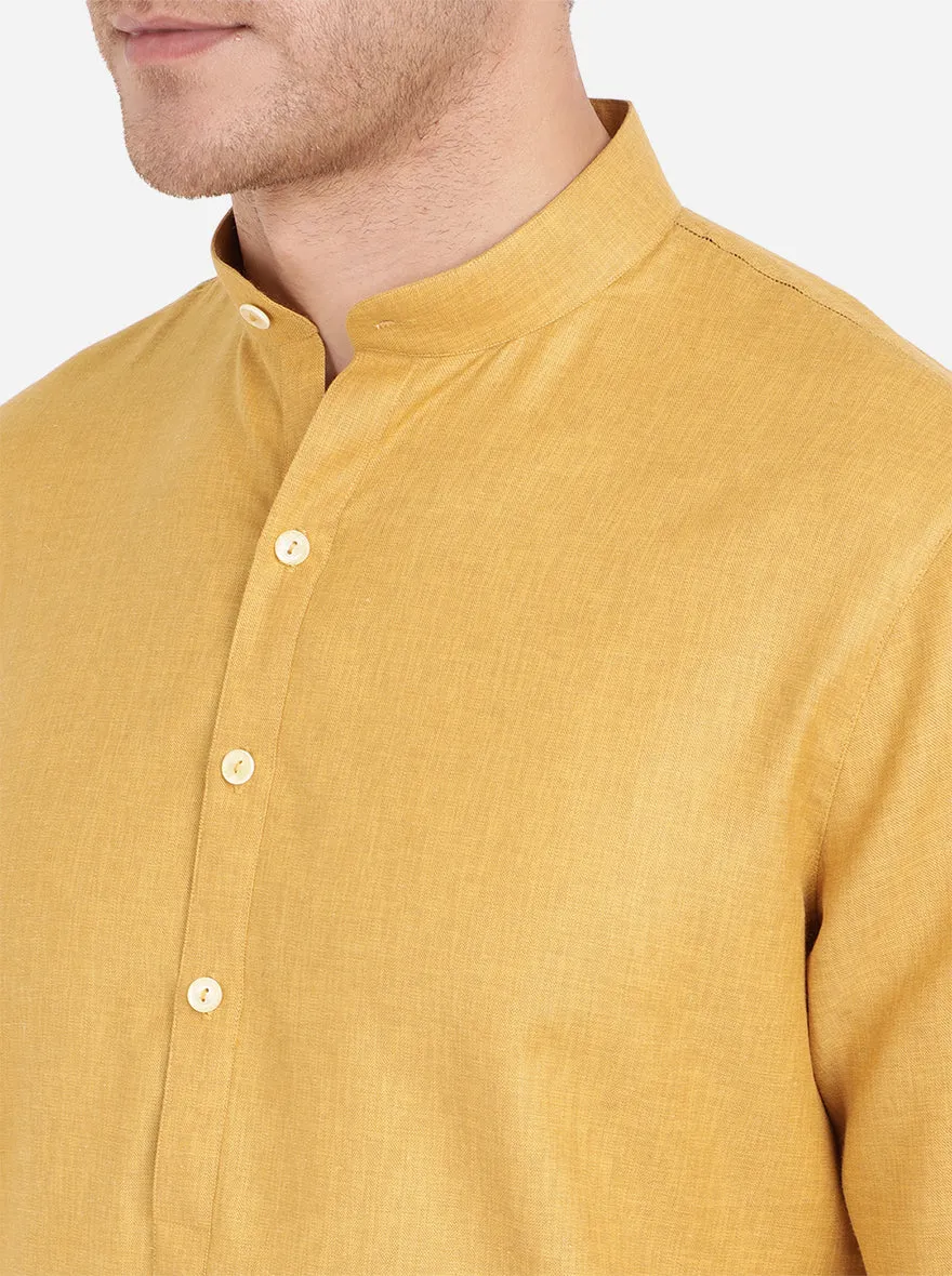 Mustard Yellow Self Textured Regular Fit Modi Kurta | JadeBlue