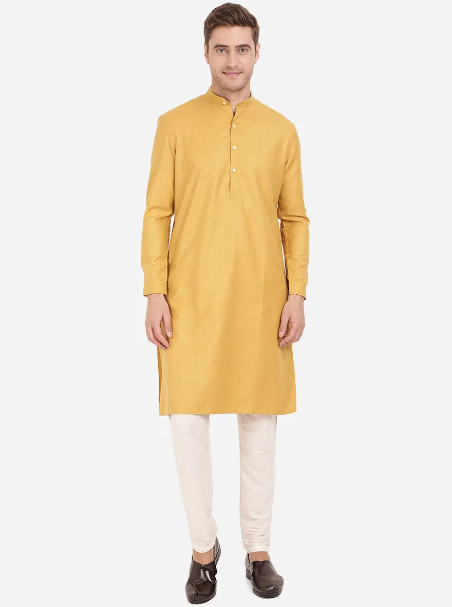 Mustard Yellow Self Textured Regular Fit Modi Kurta | JadeBlue