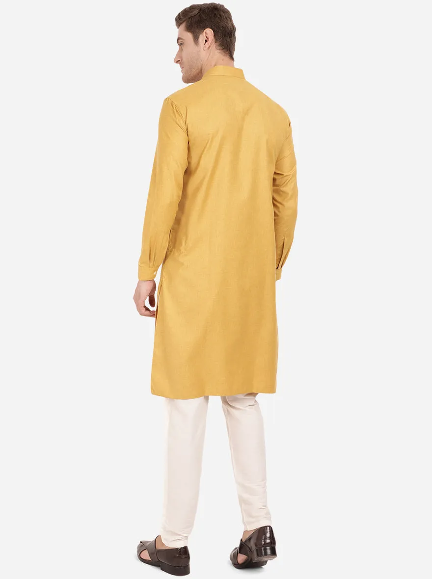 Mustard Yellow Self Textured Regular Fit Modi Kurta | JadeBlue