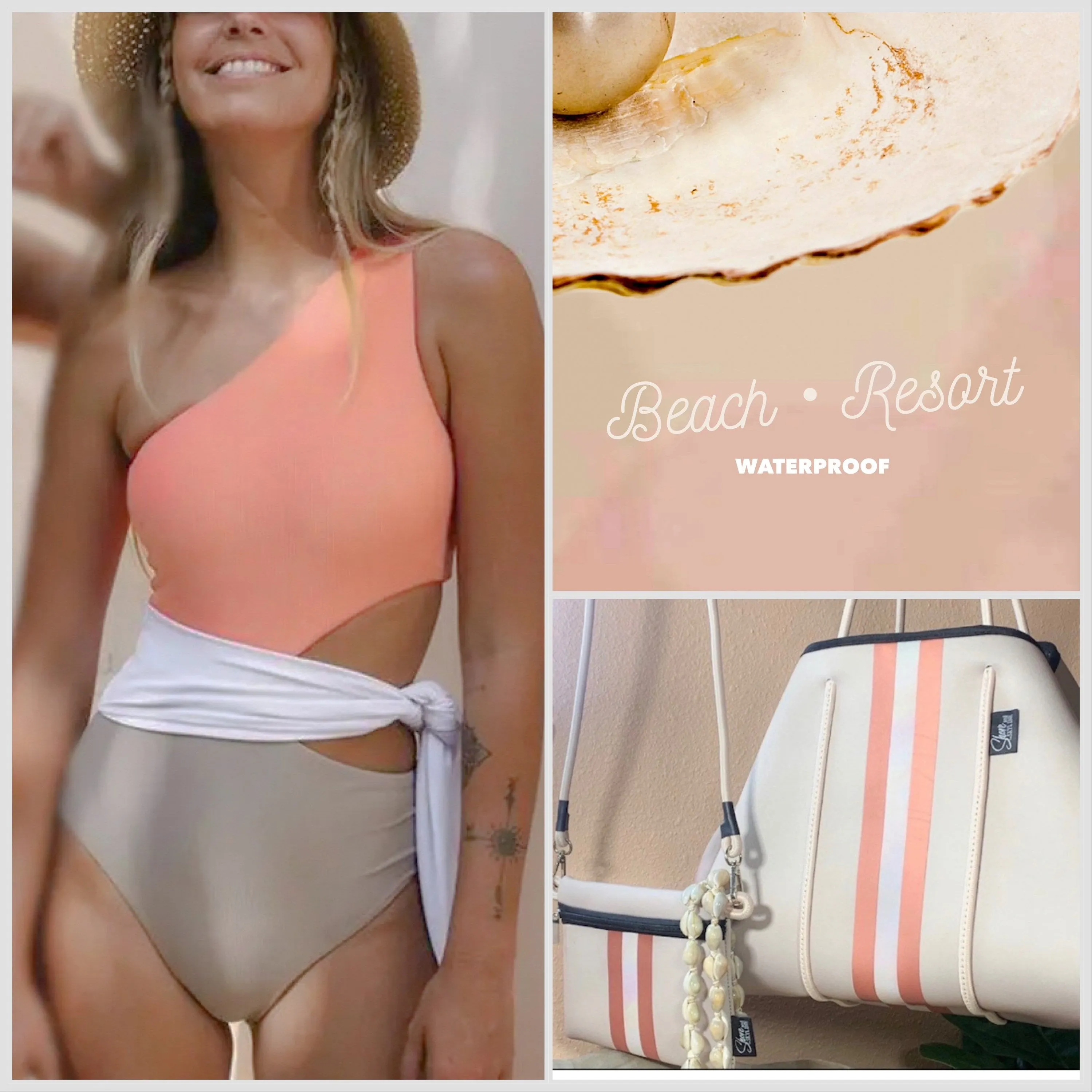 new! Peaches & Cream ribbed one-piece SWIMSUIT peach and beige ribbed color-block w white side tie modest neutral - Small Medium Large XL