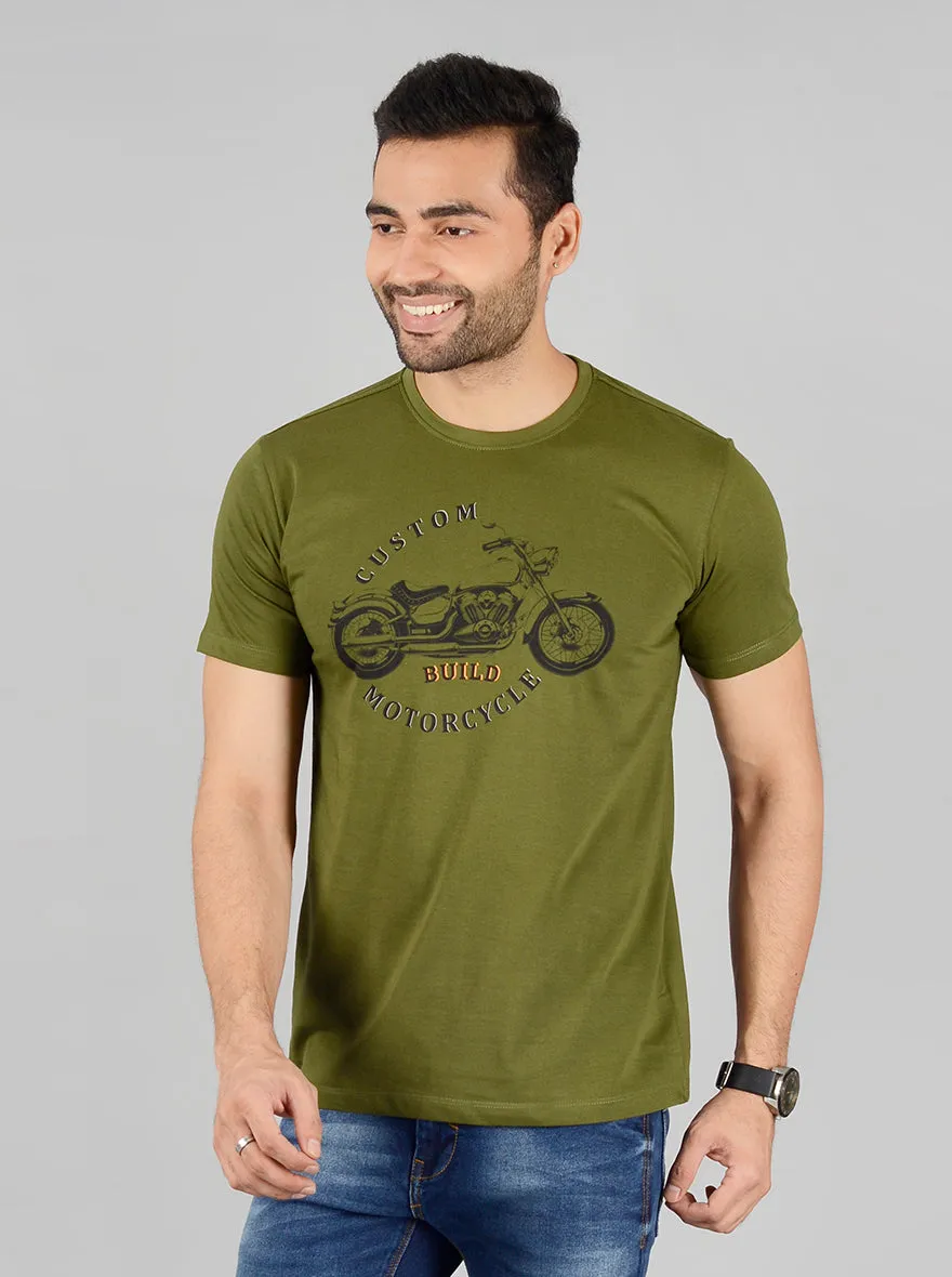 Olive Printed Slim Fit T-Shirt | Greenfibre