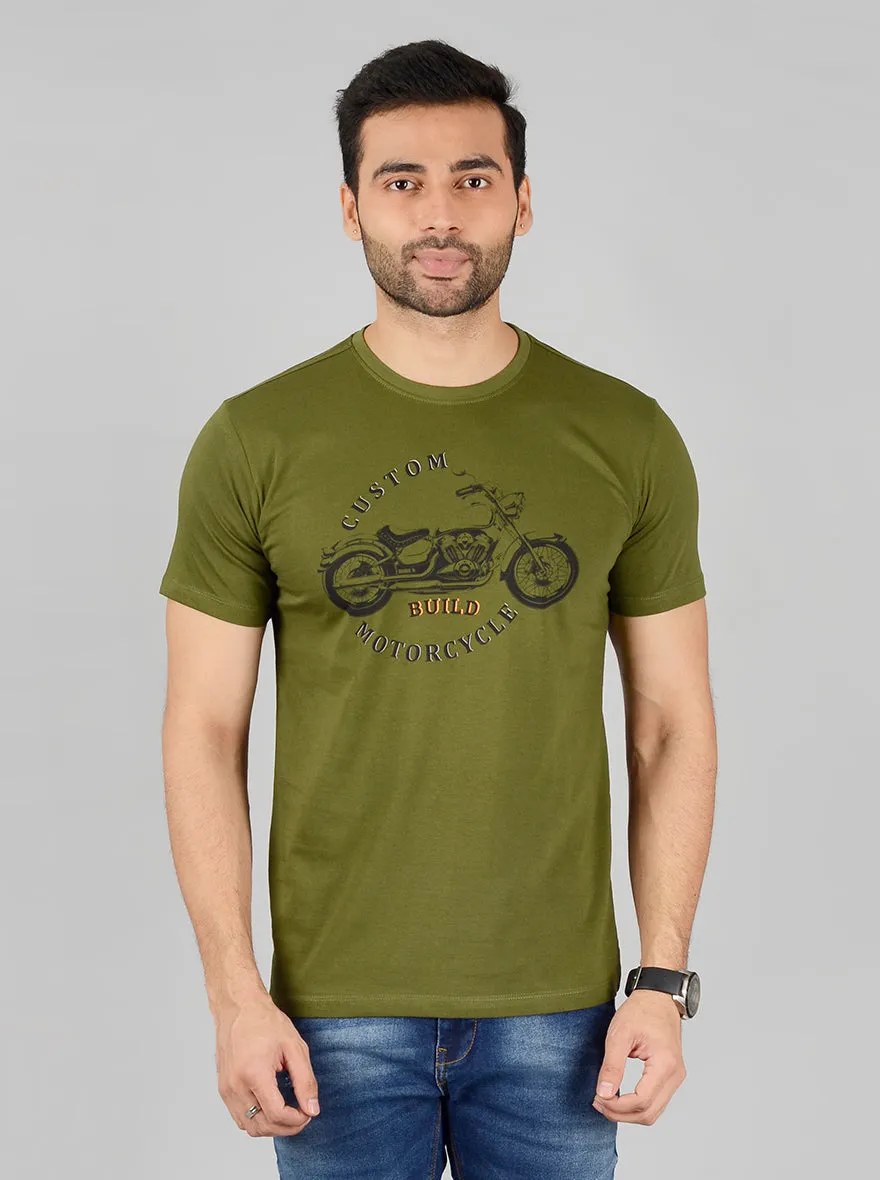 Olive Printed Slim Fit T-Shirt | Greenfibre