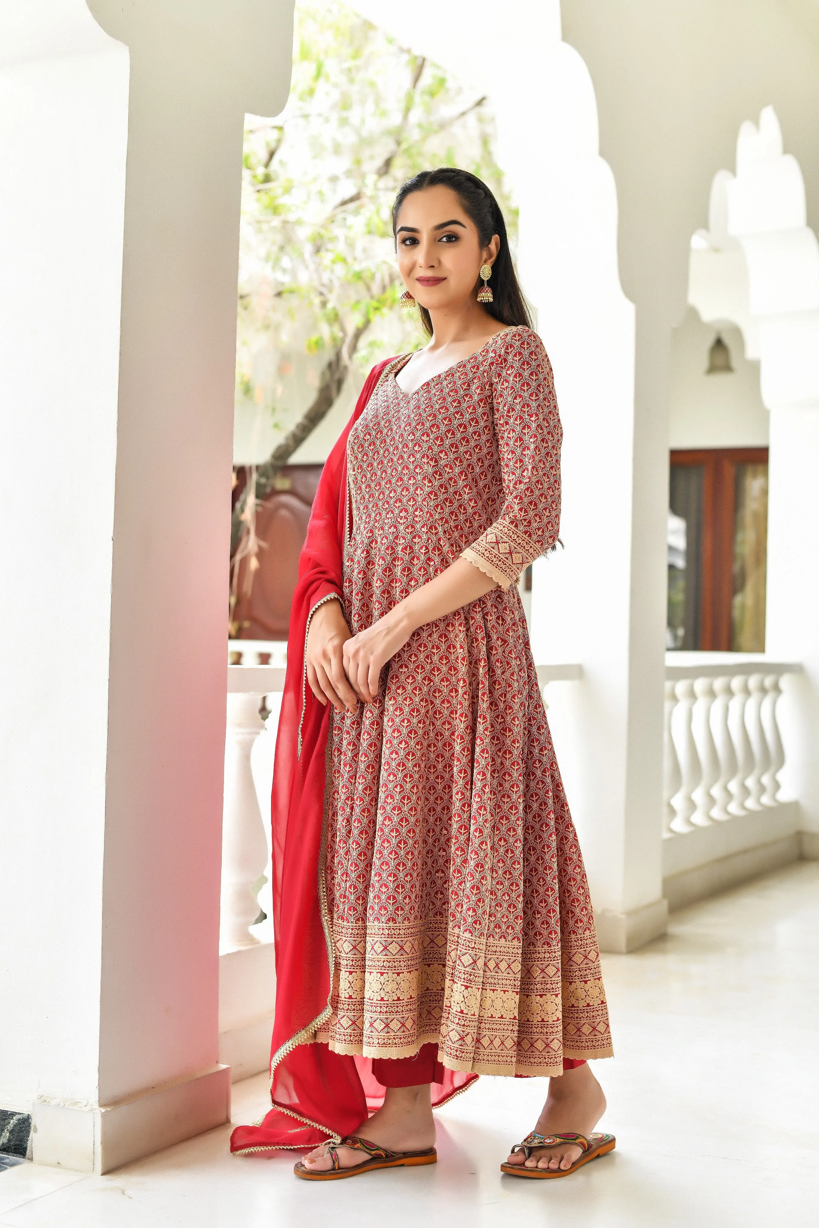 Red Embroidered Anarkali Suit Set