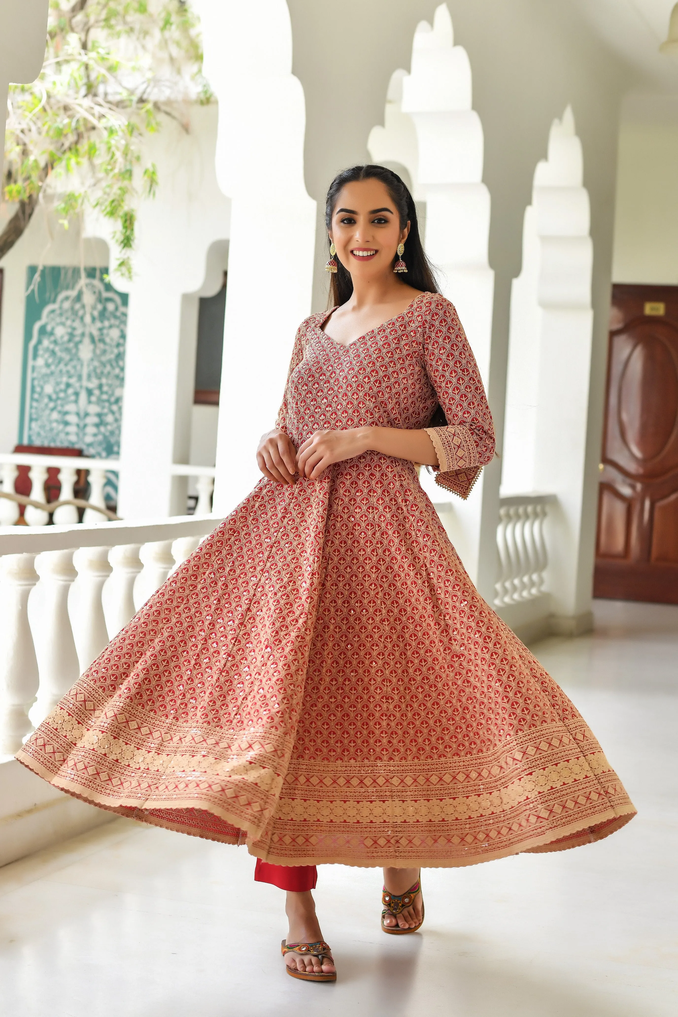 Red Embroidered Anarkali Suit Set