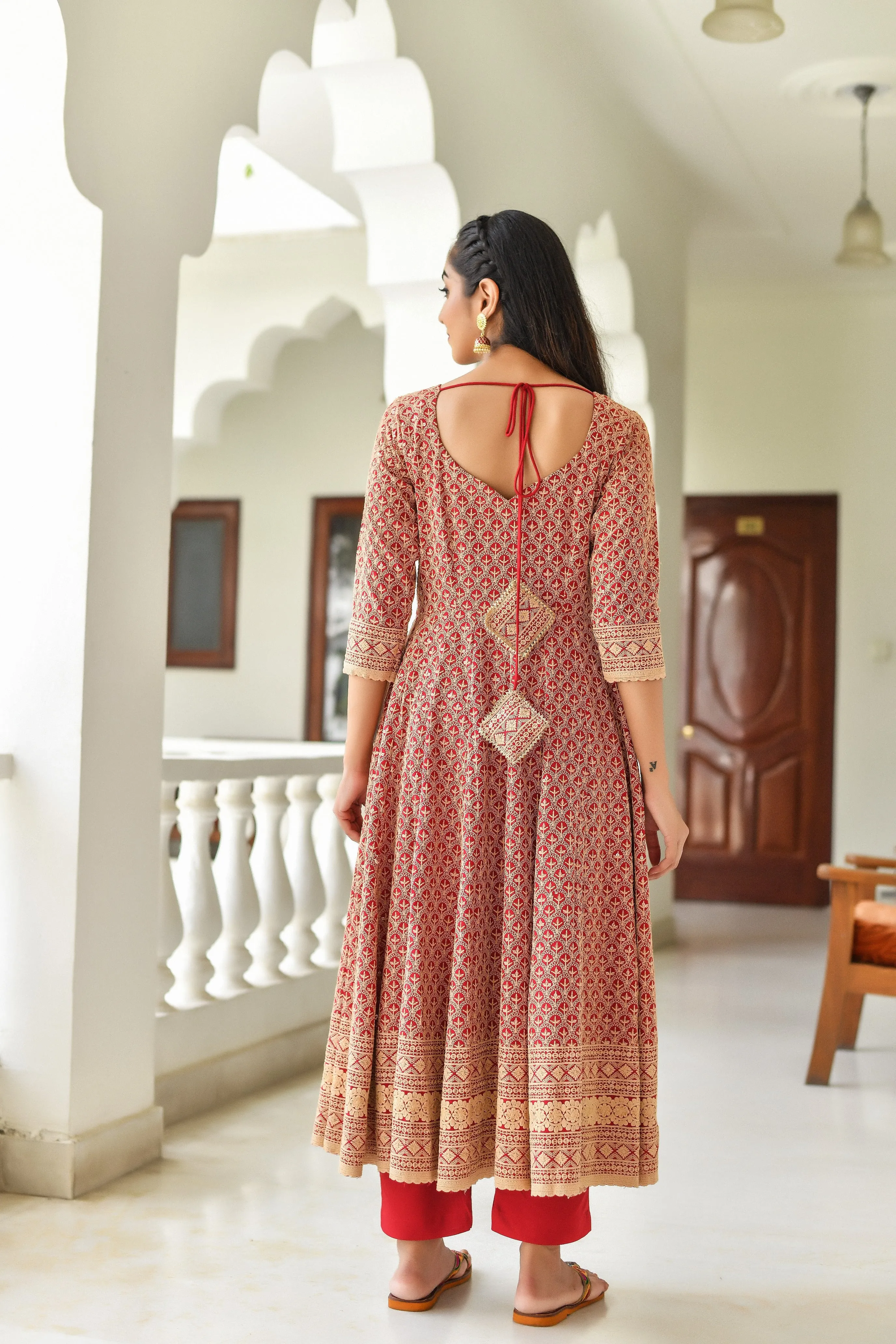 Red Embroidered Anarkali Suit Set