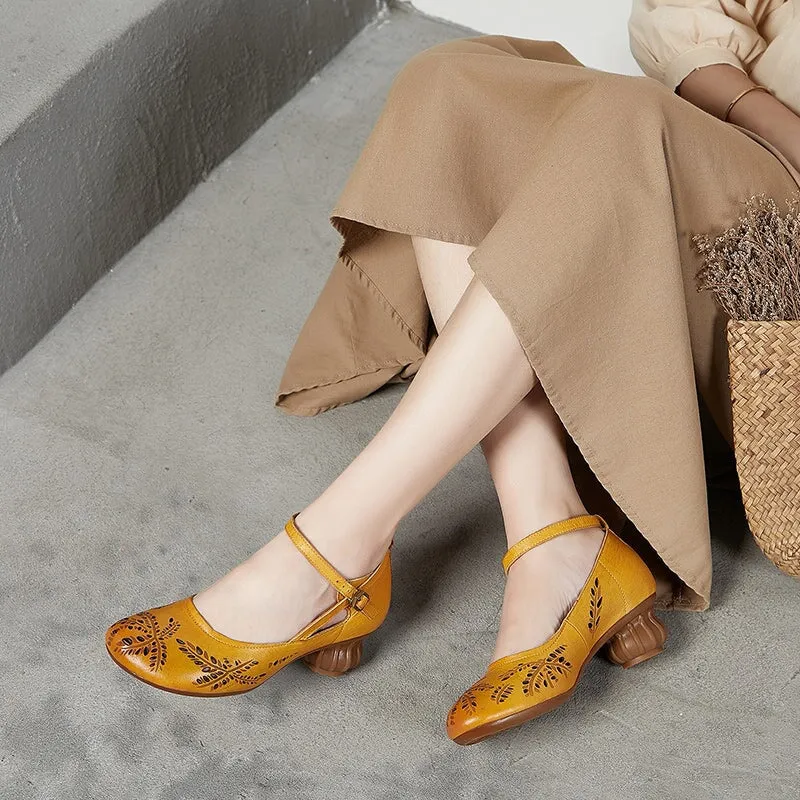 Retro Cut Out Leather Round Toe Mary Jane Pumps For Women Ankle Strap in Yellow/Grey