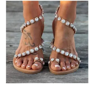 Rhinestone-Embellished Floral Flat Sandals for Women