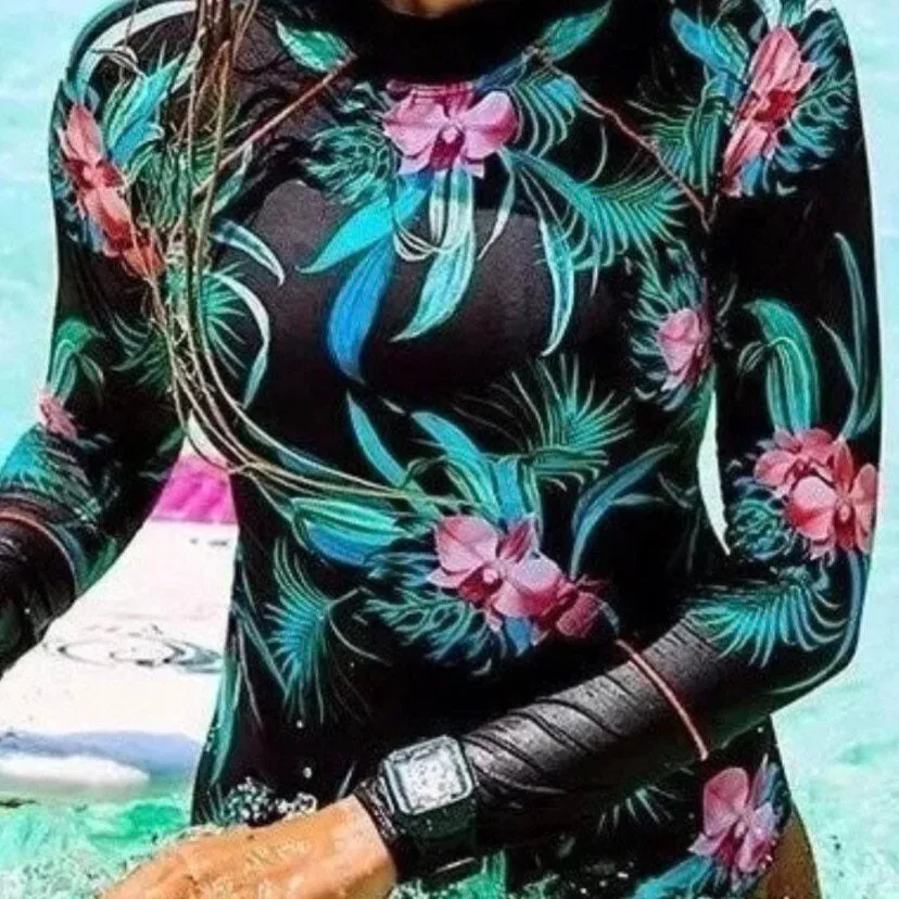 S-XXL UPF Rashguard Pink Orchid on Onyx swimsuit black pink turquoise modest surf swim pool beach women ladies